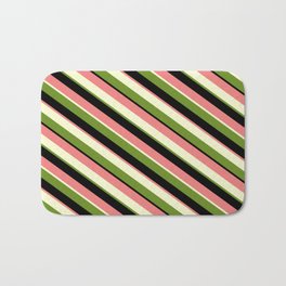 [ Thumbnail: Light Coral, Light Yellow, Green, and Black Colored Stripes Pattern Bath Mat ]