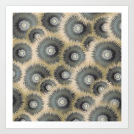 Spiked wheels Art Print | Abstract, Digital, Explosions, Concentriccircles, Spikes, Gold, Grey, Illustration, Overlappingcircles, Metalcolors 