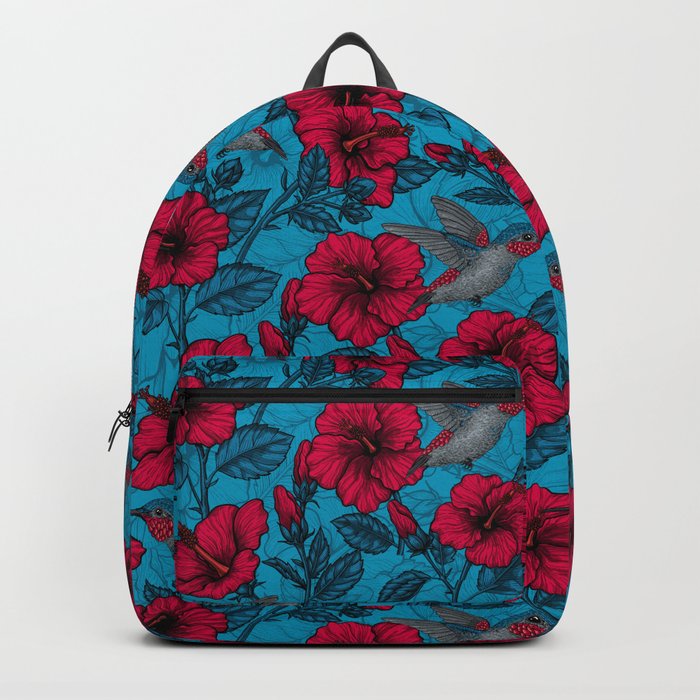 Red hibiscus and hummingbirds, tropical garden on light blue Backpack