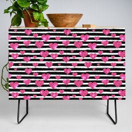 Black Stripes and Pink Hearts | Glitter Chic Pattern 09 Credenza
