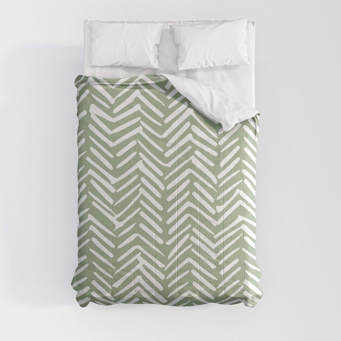 Boho, Abstract, Herringbone Pattern, Sage Green and White Comforter