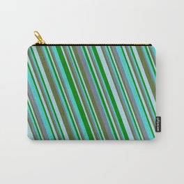 [ Thumbnail: Turquoise, Slate Gray, Dark Olive Green, Light Blue, and Green Colored Striped/Lined Pattern Carry-All Pouch ]