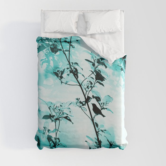 Silhouette of songbird on a branch in turquoise variation #decor #society6 #buyart Duvet Cover
