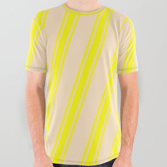 Bisque & Yellow Colored Stripes/Lines Pattern All Over Graphic Tee