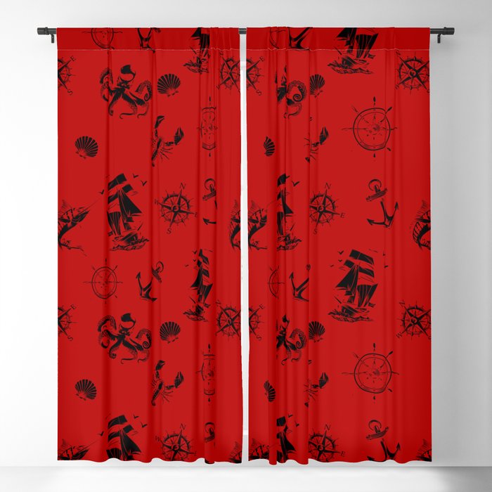 Red And Black Silhouettes Of Vintage Nautical Pattern Blackout Curtain