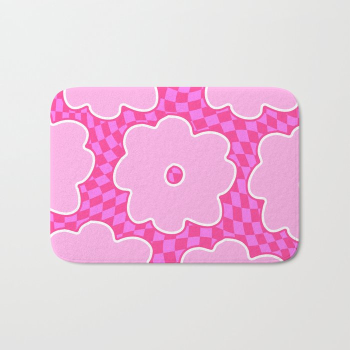 Hot Pink Flowers on Checkered Swirled Squares Bath Mat