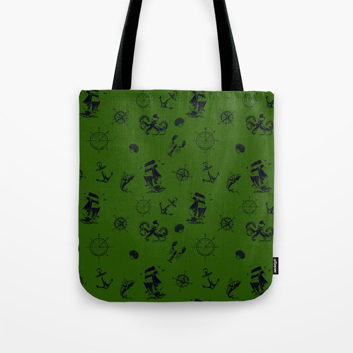 Green And Blue Silhouettes Of Vintage Nautical Pattern Tote Bag