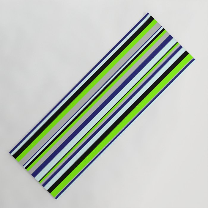 Vibrant Chartreuse, Grey, Midnight Blue, Light Cyan & Black Colored Lined/Striped Pattern Yoga Mat