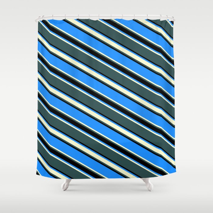 Blue, Light Yellow, Dark Slate Gray & Black Colored Striped/Lined Pattern Shower Curtain