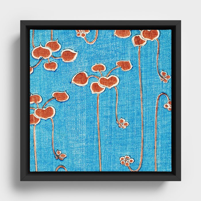 Red Flowers on Turquoise Vintage Japanese Floral Print Framed Canvas