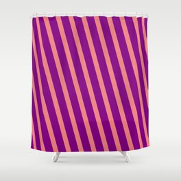 [ Thumbnail: Light Coral and Purple Colored Lined Pattern Shower Curtain ]