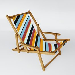[ Thumbnail: Colorful Sky Blue, Brown, Orange, Light Cyan, and Black Colored Lined Pattern Sling Chair ]