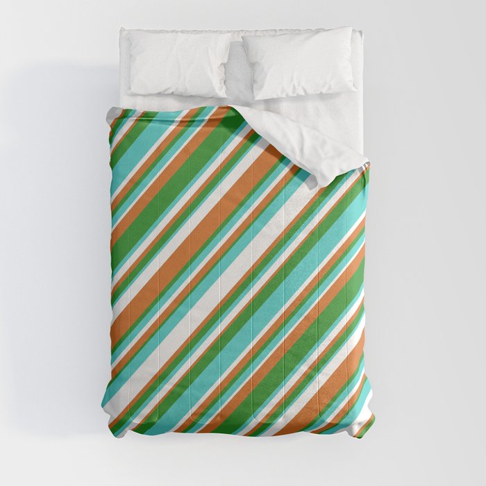 Chocolate, Forest Green, Turquoise, and White Colored Stripes/Lines Pattern Comforter