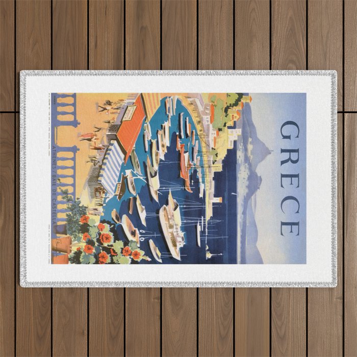1955 GREECE Athens Bay of Castella Travel Poster Outdoor Rug
