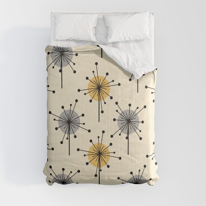 Midcentury Sputnik Starburst Flowers Yellow Gray Comforter