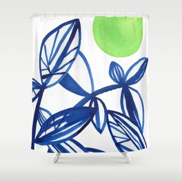 Navy blue and lime green abstract leaves Shower Curtain
