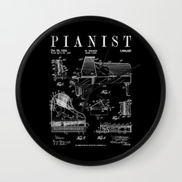 Grand Piano Old Vintage Patent Pianist Drawing Print Wall Clock