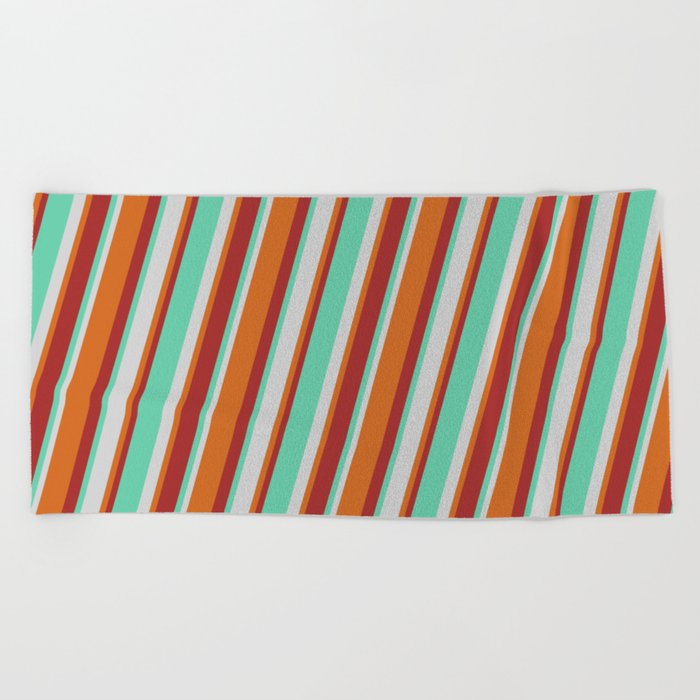 Aquamarine, Light Grey, Chocolate & Brown Colored Striped/Lined Pattern Beach Towel