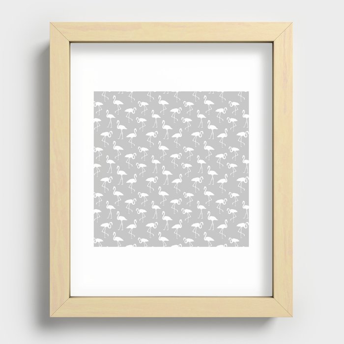White flamingo silhouettes seamless pattern on light grey background Recessed Framed Print