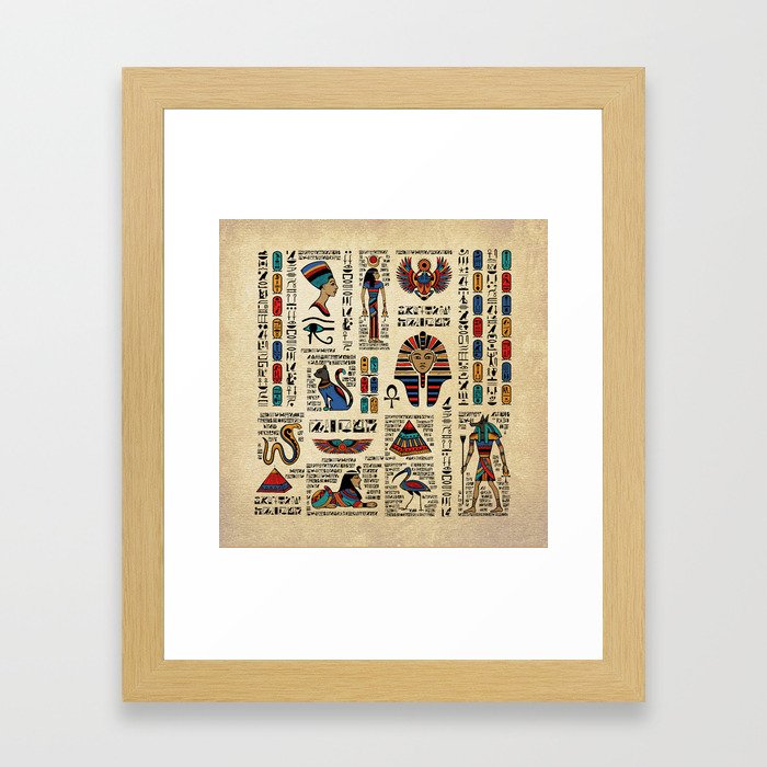 Egyptian hieroglyphs and deities on papyrus Framed Art Print