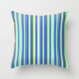[ Thumbnail: Eyecatching Dark Olive Green, Royal Blue, Cornflower Blue, Beige, Aquamarine Colored Stripes Pattern Throw Pillow ]