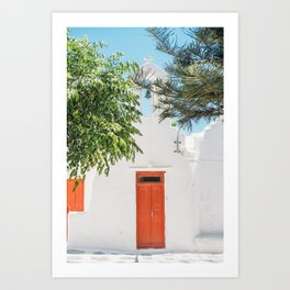 Orange Door in White Building in Greece - Summer Travel Art Print