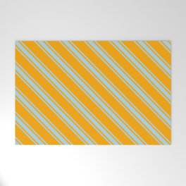 [ Thumbnail: Orange and Light Blue Colored Pattern of Stripes Welcome Mat ]