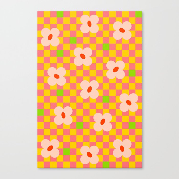 Almond blossom 70s spring field floral checker pattern  Canvas Print