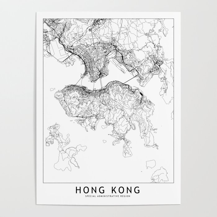Hong Kong White Map Poster