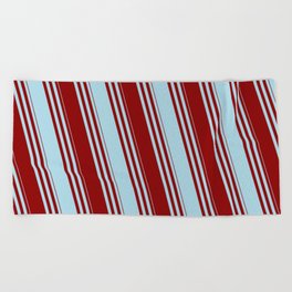 [ Thumbnail: Dark Red & Light Blue Colored Striped Pattern Beach Towel ]
