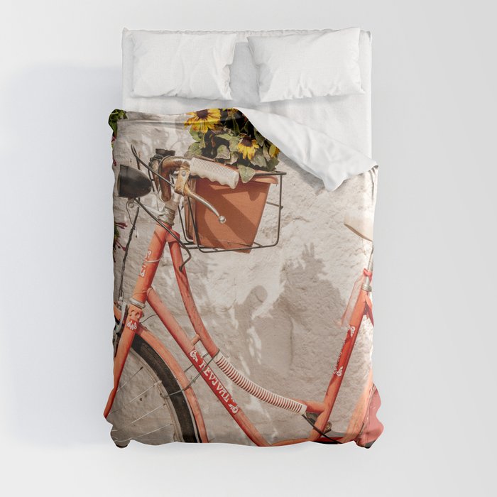 Red bicycle blooming sunflowers on Italian Streets | Travel Fine Art Photography Duvet Cover