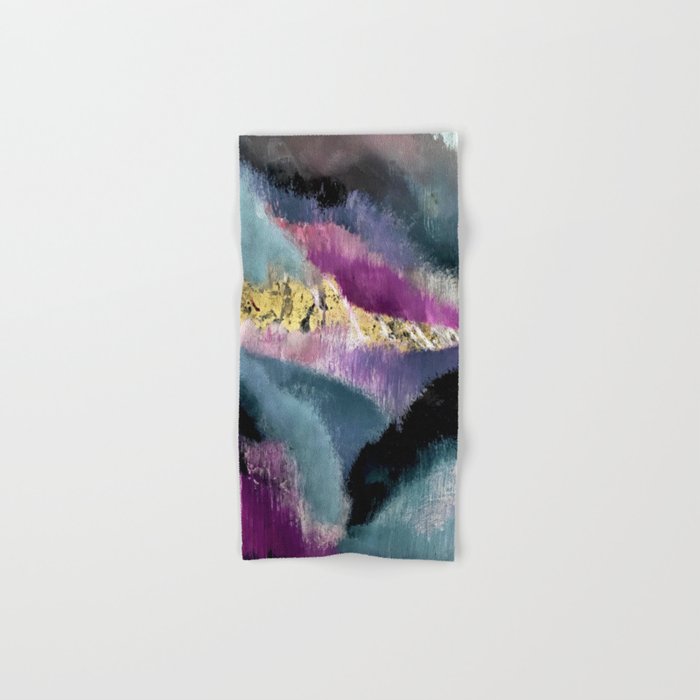 Gemini: a vibrant, colorful abstract piece in gold, purple, blue, black, and white Hand & Bath Towel
