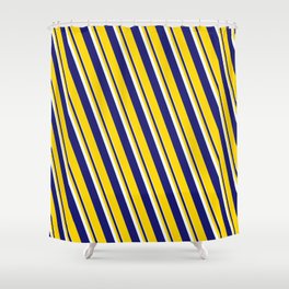 [ Thumbnail: Mint Cream, Midnight Blue & Yellow Colored Lines/Stripes Pattern Shower Curtain ]