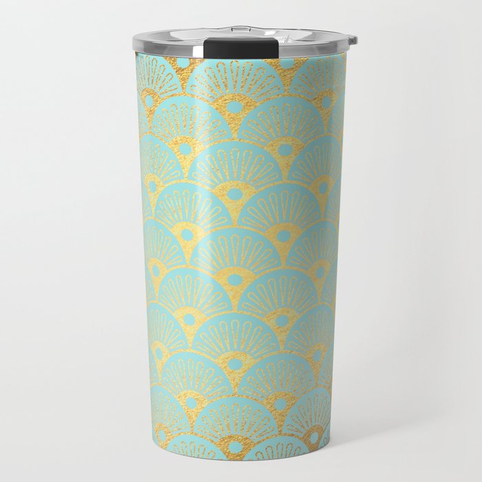 Art Deco Mermaid Scales Pattern on aqua turquoise with Gold foil effect Travel Mug