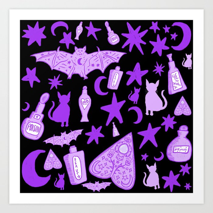 Witchy Halloween Doodles, Purple over Black Art Print