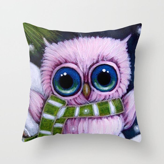 HOLIDAY TINY PINK OWL with 1ST GREEN SCARF Throw Pillow