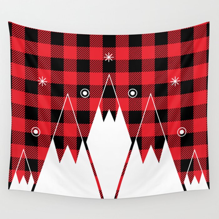 Red Buffalo Plaid Mountains Wall Tapestry