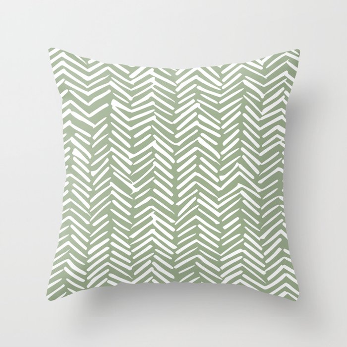 Boho, Abstract, Herringbone Pattern, Sage Green and White Throw Pillow