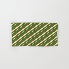 [ Thumbnail: Dark Olive Green & Tan Colored Lined/Striped Pattern Hand & Bath Towel ]