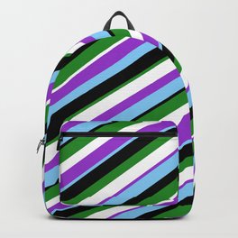 [ Thumbnail: Dark Orchid, Light Sky Blue, Black, Forest Green, and White Colored Lines Pattern Backpack ]