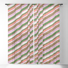 [ Thumbnail: Eye-catching Red, Plum, Mint Cream, Brown, and Dark Green Colored Lined/Striped Pattern Sheer Curtain ]