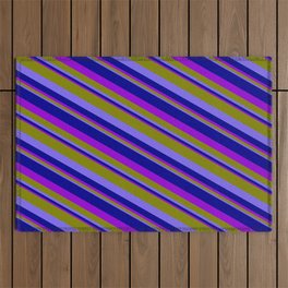 [ Thumbnail: Green, Medium Slate Blue, Dark Blue, and Dark Violet Colored Pattern of Stripes Outdoor Rug ]