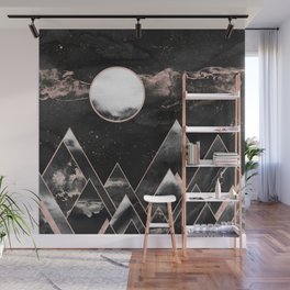 Mountains of Rose Gold - Moon Geometric Midnight Black Wall Mural
