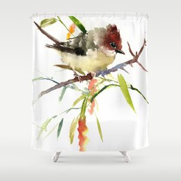 Beautiful Bird artwork, Yuhina Bird, Olive green Brown bird art Shower Curtain
