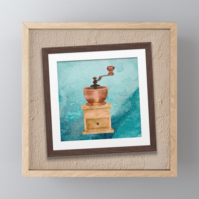 Vintage coffee grinder watercolor drawing in a crooked frame Framed Mini Art Print