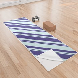 [ Thumbnail: Dark Slate Blue and Light Cyan Colored Lined/Striped Pattern Yoga Towel ]