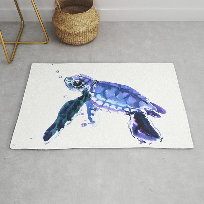 Cute Baby Turtle, blue  turtle art, turtle illustration nursery children gift Rug