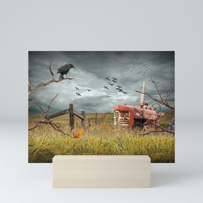 Abandoned Red Tractor in a Prairie Field with Perched Crow and Flying Geese Mini Art Print