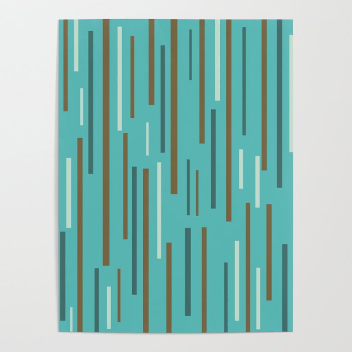 Interrupted Lines Mid-Century Modern Minimalist Pattern in Turquoise and Brown Poster