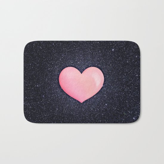 Pink heart on shiny black Bath Mat